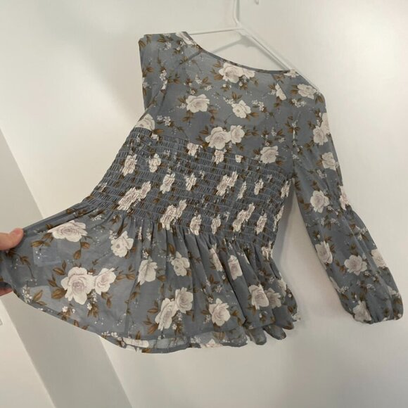 AMERICAN EAGLE Smocked Floral Blouse Blue Cream Ivory Long Sleeve Boho Peplum XS - Picture 15 of 15